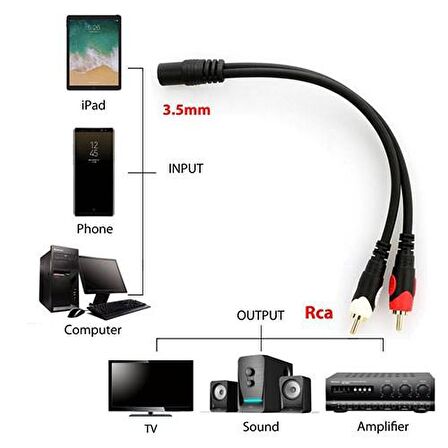 3,5mm stereo dişi - 2x RCA erkek ses çevirici kablo