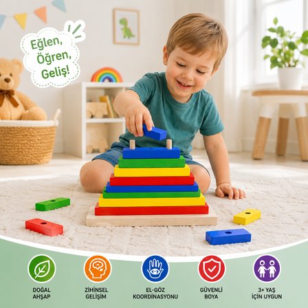 BakGelAl Ahşap Dikdörtgen Sıralama Oyuncağı Montessori Eğitici Renk ve Boyut Eşleştirme 3+ Yaş