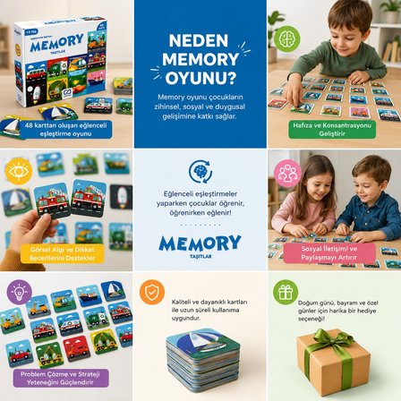 BakGelAl Memory Taşıtlar Hafıza Kartı Oyunu – 48 Kartlı Eğitici Eşleştirme ve Zeka Oyunu