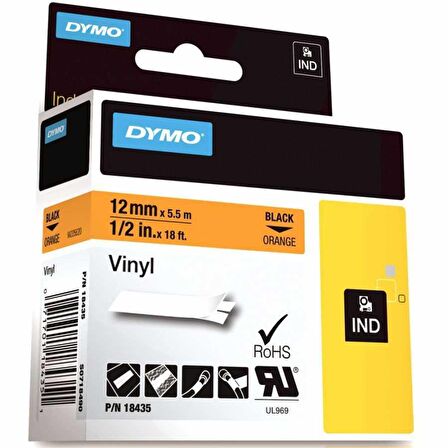 DYMO RhinoPRO 18435 Turuncu/Siyah Renkli Vinil Şerit 12 mm x 5,5 mt