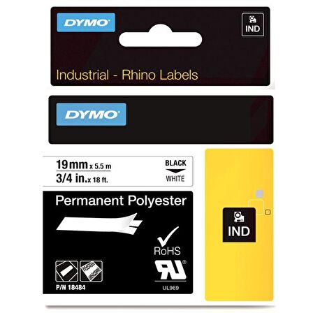 Dymo Rhino Pro Etiketi Plastik Sabit 19 MMx5,5 MT Beyaz Üzerine Siyah 18484