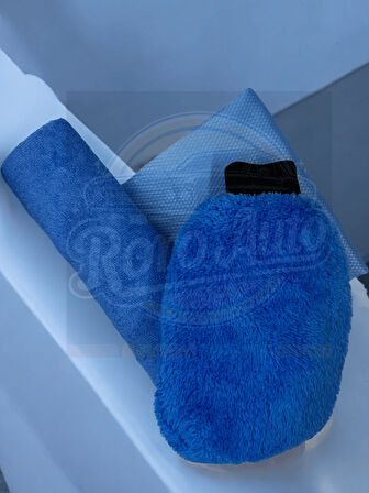 Roro Auto Alpler Mavi Mikrofiber Oto Temizlik Seti Araç Kurulama Havlusu Cam Bezi Yıkama Eldiveni