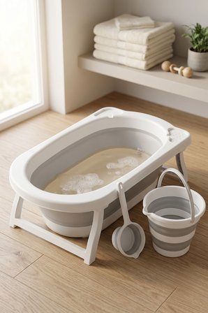 Katlanır Bebek Yıkama Seti 30 lt Küvet 12 lt Kova 1 lt Maşrapa Taşınabilir Bebek Banyo Küveti Gri