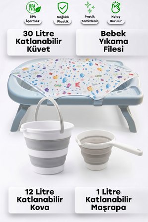 4'LÜ Bebek Yıkama Seti Kaymaz Taban, Katlanır Akordiyon Bebek Banyo Seti Gri