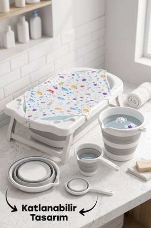4'LÜ Bebek Yıkama Seti Kaymaz Taban, Katlanır Akordiyon Bebek Banyo Seti Gri