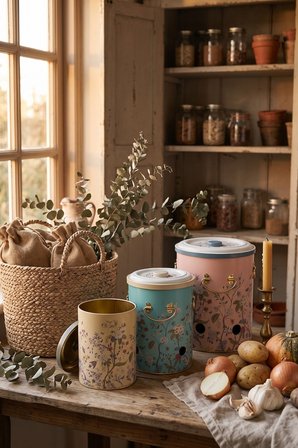 Flora Desenli Metal Patateslik Soğanlık Sarımsaklık 3'lü Set Kapaklı Metal Sebzelik Seti Flora