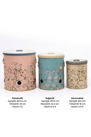 Flora Desenli Metal Patateslik Soğanlık Sarımsaklık 3'lü Set Kapaklı Metal Sebzelik Seti Flora