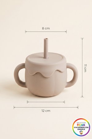 Silikon Bebek Alıştırma Bardağı Kolay Kavranan Kulplu Pipetli Sızdırmaz Kapaklı 12x11 Cm Çok Renkli