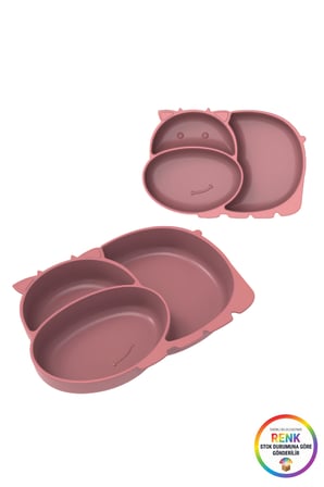 Baby Hippo Figürlü Bebek Bölmeli Mama Tabağı Silikon Ek Gıda Seti 21x14 Cm Çok Renkli