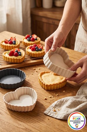 Silikon Mini Tart Kalıbı 6'lı Set Kalp Yuvarlak Tartolet Kalıbı Platinum Silikon 12 cm Çok Renkli