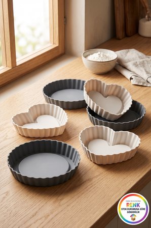 Silikon Mini Tart Kalıbı 6'lı Set Kalp Yuvarlak Tartolet Kalıbı Platinum Silikon 12 cm Çok Renkli