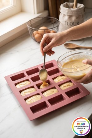 15'li Mini Kek Kalıbı Silikon Dikdörtgen Yapışmaz Kolay Çıkan Baton Financier Kalıbı 25x25 cm Çok Renkli