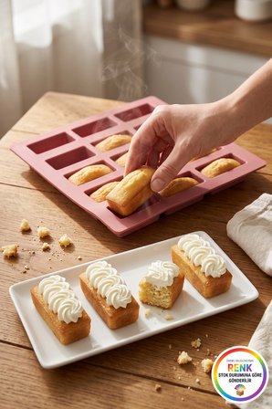 15'li Mini Kek Kalıbı Silikon Dikdörtgen Yapışmaz Kolay Çıkan Baton Financier Kalıbı 25x25 cm Çok Renkli