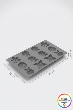 Silikon Kurabiye Çikolata Kalıbı Hayvan Figürlü Fil Tavşan Kelebek Uğur Böceği 12 Gözlü 34x20 cm Çok Renkli