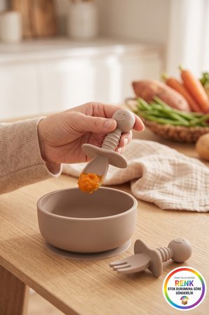 Silikon Bebek Alıştırma Kaşık Çatal Seti Kaymaz Tutuşlu Ek Gıda Mama Beslenme Seti 2 Parça Çok Renkli