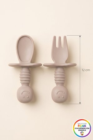 Silikon Bebek Alıştırma Kaşık Çatal Seti Kaymaz Tutuşlu Ek Gıda Mama Beslenme Seti 2 Parça Çok Renkli