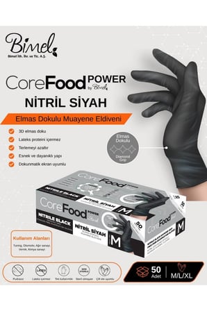 Corefood Nitril Siyah Eldiven Ekstra Kalın M Beden Power 3D Elmas Dokulu 1000 Adet koli