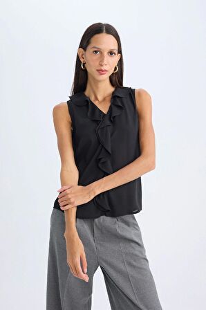 DeFacto Regular Fit V Yaka Şifon Kolsuz Bluz D3128AX24HSBK81