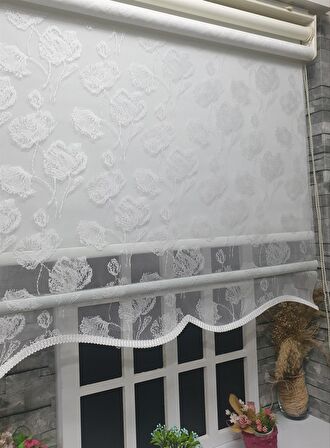 Çift Mekanizmalı Kirli Beyaz Tül Perde ve Ekru Stor Perde STB1093