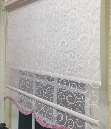 Çift Mekanizmalı Pembe Tül Perde ve Ekru Stor Perde STB2015-V12