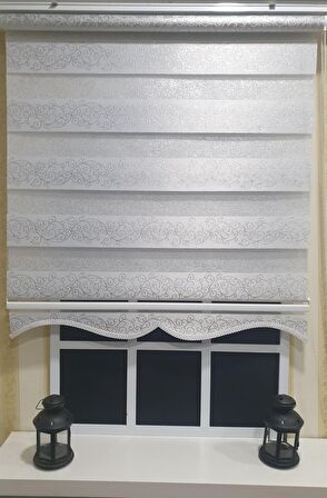 Zebra Stor Perde Sarmaşık Desen Gümüş Simli  Etek Dilimli STB9300 V 01