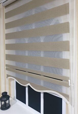 Zebra Stor Perde Organze Bej Etek Dilimli STB905