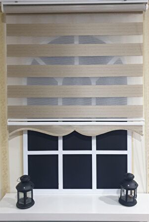 Zebra Stor Perde Organze Koyu Bej Gümüş Simli Etek Dilimli STB910