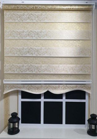 Zebra Stor Perde Sarı Sarmaşık Desen Gümüş Simli  Etek Dilimli STB9300 V 02