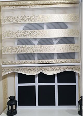 Zebra Stor Perde Sarı Sarmaşık Desen Gümüş Simli  Etek Dilimli STB9300 V 02