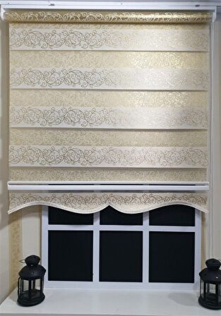 Zebra Stor Perde Sarı Sarmaşık Desen Gümüş Simli  Etek Dilimli STB9300 V 02