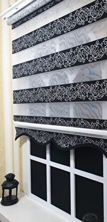 Zebra Stor Perde Siyah Sarmaşık Desen Gümüş Simli  Etek Dilimli STB9300 V 03