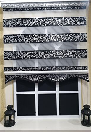 Zebra Stor Perde Siyah Sarmaşık Desen Gümüş Simli  Etek Dilimli STB9300 V 03