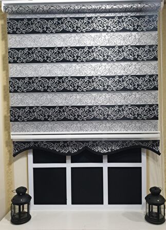 Zebra Stor Perde Siyah Sarmaşık Desen Gümüş Simli  Etek Dilimli STB9300 V 03