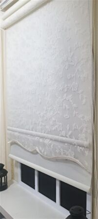 Çift Mekanizmalı Beyaz Tül Perde ve Ekru Stor Perde STB45248-V110