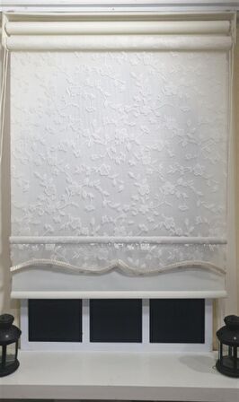 Çift Mekanizmalı Beyaz Tül Perde ve Ekru Stor Perde STB45248-V110