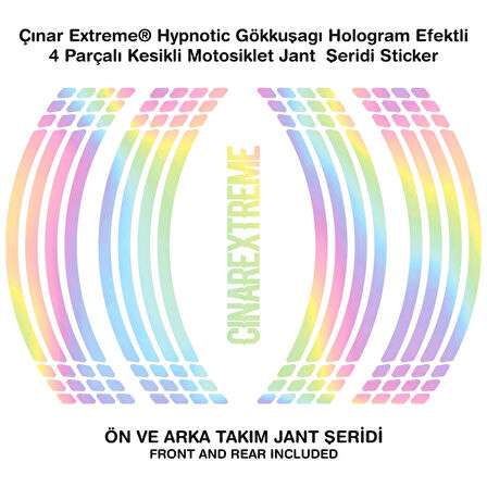 Çınar Extreme® Hypnotic Gökkuşağı Hologram Efektli 4 Parçalı Kesikli Motosiklet Jant Şeridi Sticker 