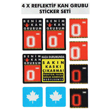 Çınar Extreme® 0 Rh- (Negatif) Kaskımı Çıkartma Yazılı 7 Parçalı Reflektif Kan Grubu Sticker Seti 