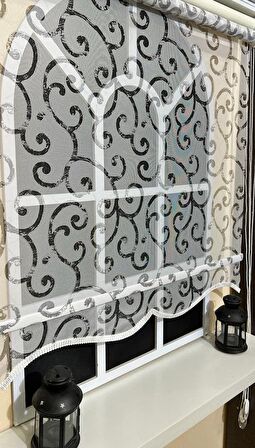 Çift Mekanizmalı Desenli Tül Stor Perde Gri Baskı STB-108
