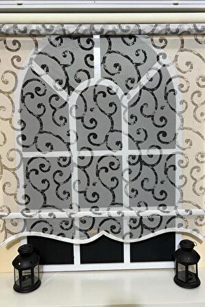 Çift Mekanizmalı Desenli Tül Stor Perde Gri Baskı STB-108