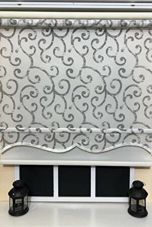 Çift Mekanizmalı Desenli Tül Stor Perde Gri Baskı STB-108