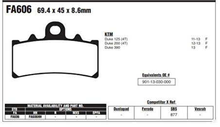 Ebc Fa606Hh 2013-2023 KTM 390 Duke Uyumlu Ön Fren Balatası Sinterli Balata