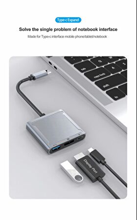 Type C to 8K 60Hz 4K-120 Hz Display Port- Usb 3.0 - Usb C Dişi 100W Çevirici