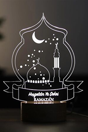 Hoşgeldin Ya Şehr-i Ramazan Figürlü Dekoratif Hediye Led Masa Lambası | 7 Işık Rengi | Ahşap Taban