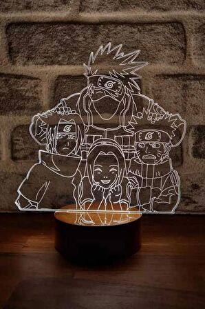 Naruto Kakashi Team 7 Figürlü Dekoratif Hediye Led Masa Lambası | 7 Işık Rengi | Ahşap Taban