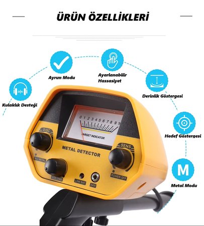 DailyTech Altın Metal Define Dedektörü Ayarlanabilir Göstergeli Kulaklık Destekli