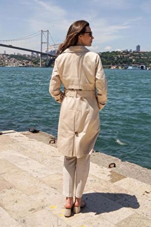 Pastelastore %100 Pamuk Gabardin Midi (95cm) Astarlı Kemerli Kadın Trençkot 1113