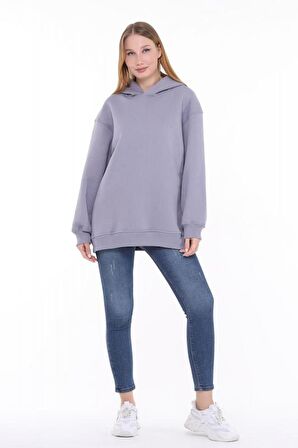 Pastelastore Pamuklu Kapüşonlu 3 İplik Şardonlu Kalın Oversize Sweatshirt