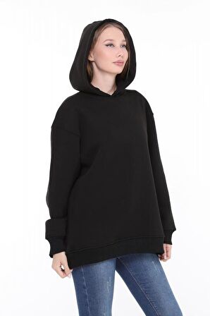 Pastelastore Pamuklu Kapüşonlu 3 İplik Şardonlu Kalın Oversize Sweatshirt