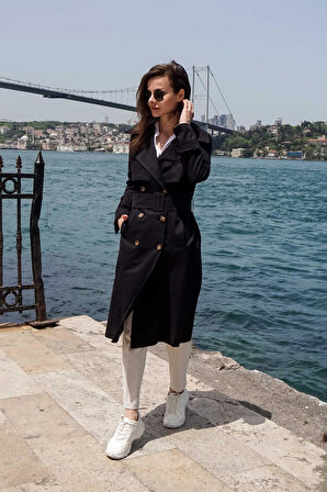  Pastelastore %100 Pamuk Gabardin Uzun (110cm) Astarlı Kemerli Kadın Trençkot 1111