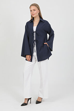 %100 Pamuk Keten Cepli Bağcıklı Kadın Kimono 1165 – Gömlek Yaka, Nefes Alan Kumaş